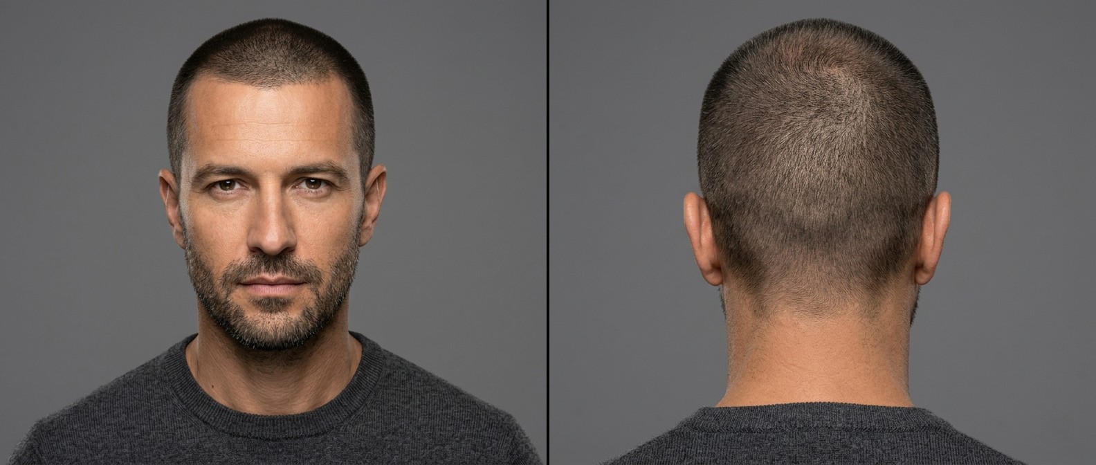 Widok z przodu i z tyłu 45-letniego mężczyzny z ciemnobrązowymi włosami, z klasyczną fryzurą Induction Cut, cieniowanym karkiem i zarostem.