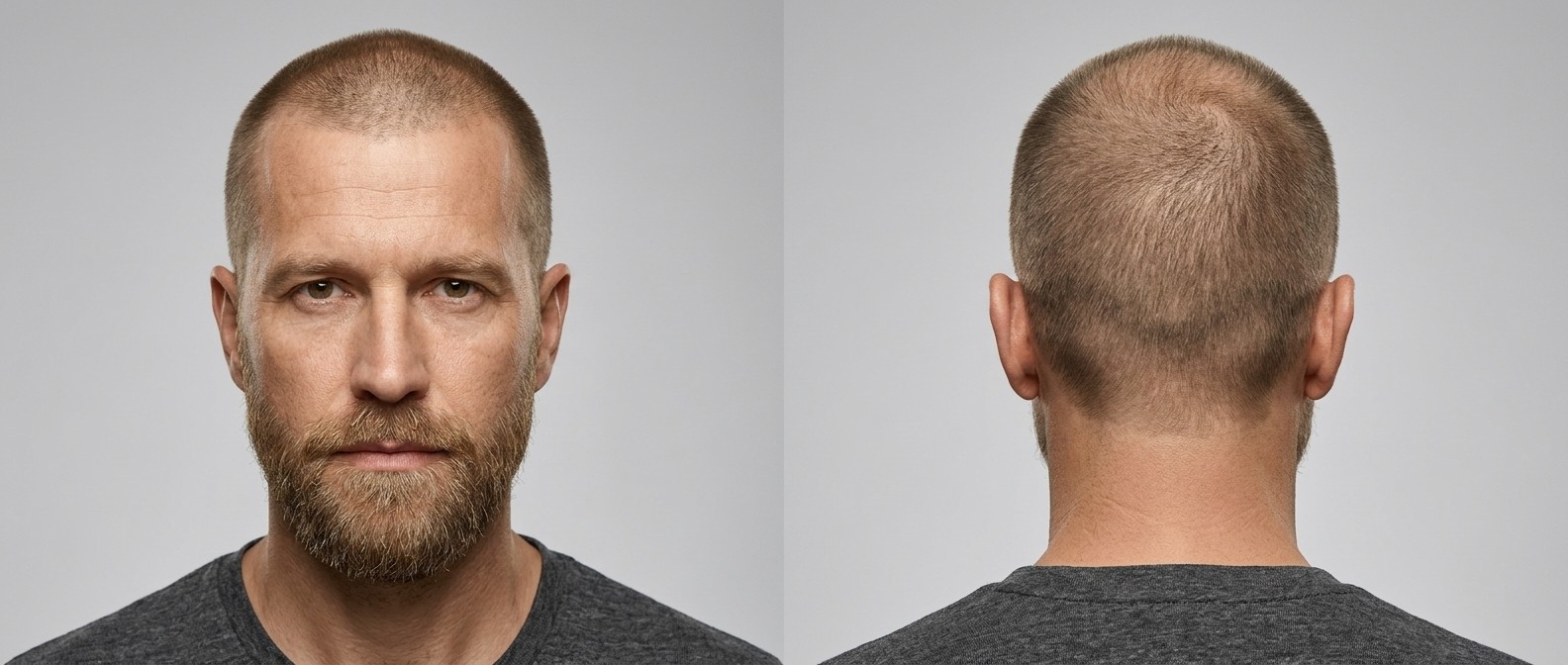 Front and back view of a mature Caucasian man with an ultra-short induction cut, receding hairline, and a neatly trimmed full beard.