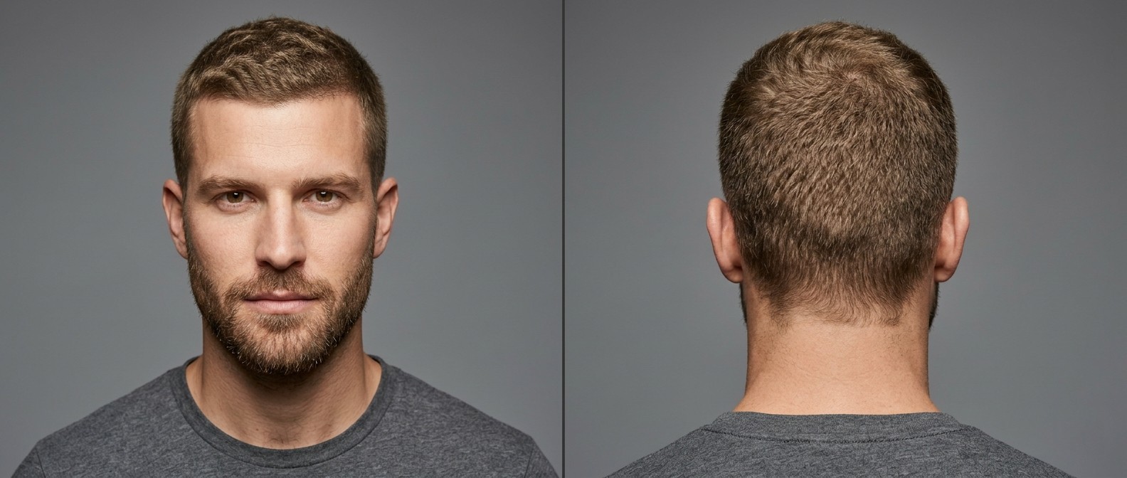 Front and back view of a Caucasian man with a textured induction buzz cut, receding hairline, thick wavy hair, and a short groomed beard.