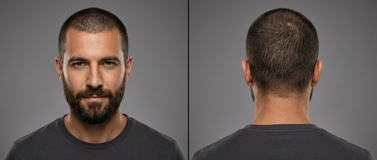 Front and back view of a Caucasian man aged 35-45 with an ultra-short induction buzz cut, low hairline, and a contrasting dense, dark brown full beard.