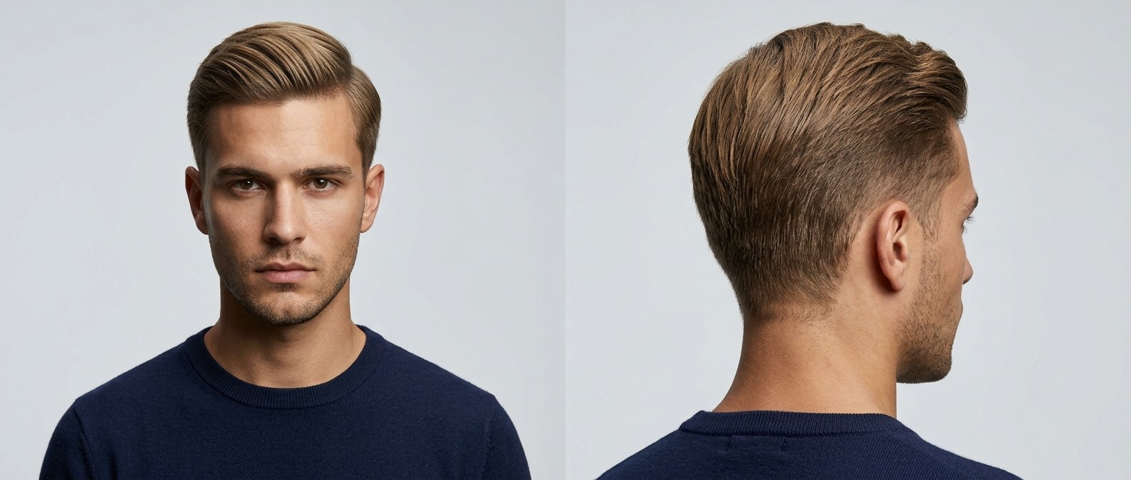 Joven rubio con barba incipiente modelando un corte Ivy League clásico con volumen hacia atrás sobre fondo gris claro.