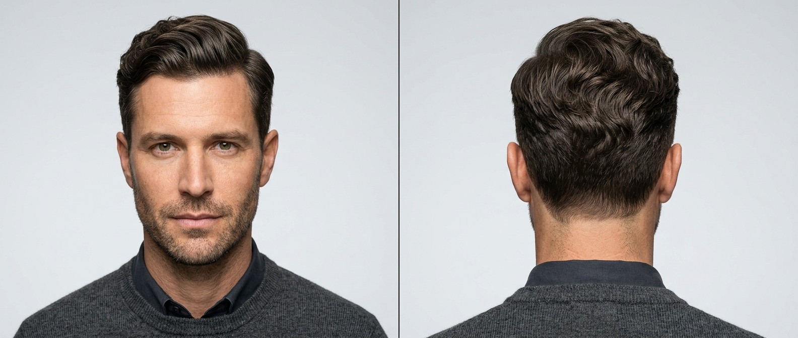 Vista frontal e lateral de um homem de 30 e poucos anos com corte Ivy League ondulado, laterais em degradê e franja lateral.