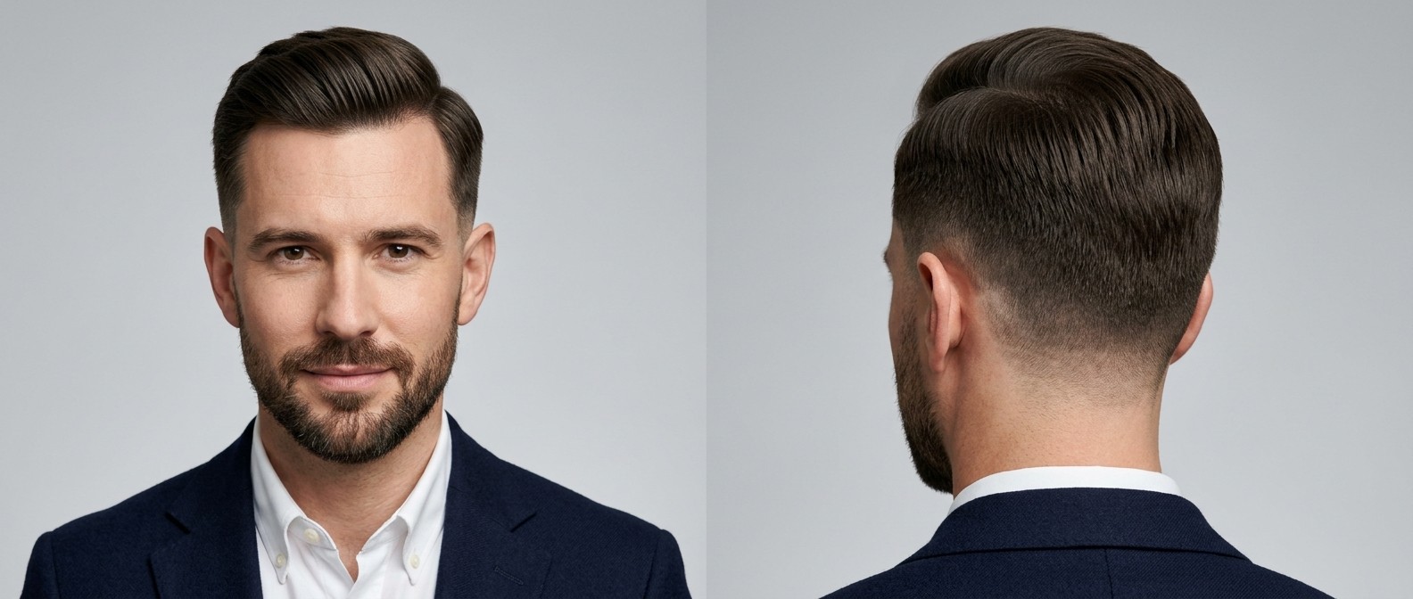 Caucasian man aged 35-45 with a neat beard modeling a classic Ivy League haircut featuring short tapered sides and a medium-length swept top.