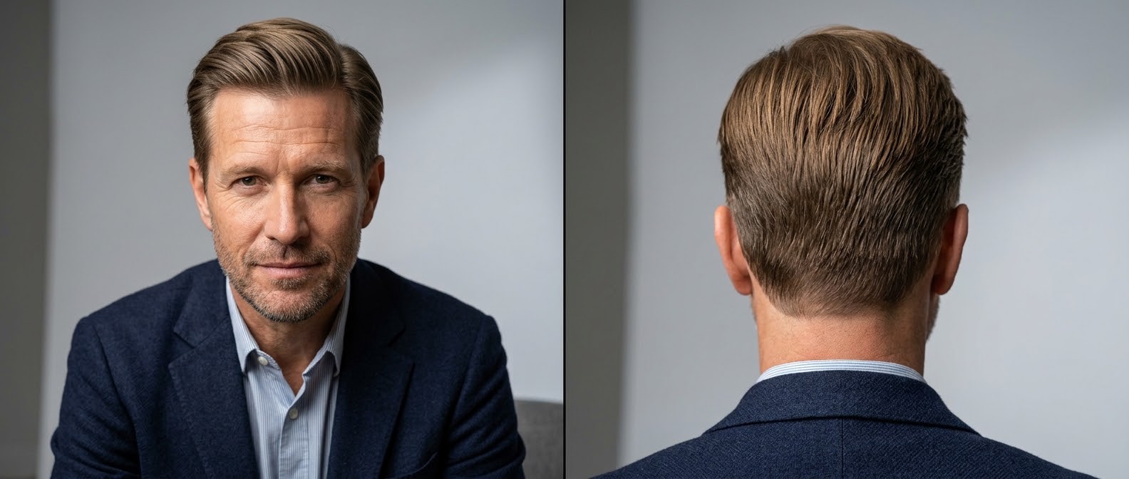 Reifer Mann mit klassischem Swept-Back Ivy League Haarschnitt, weichen Übergängen an den Seiten und natürlichem Volumen am Oberkopf.