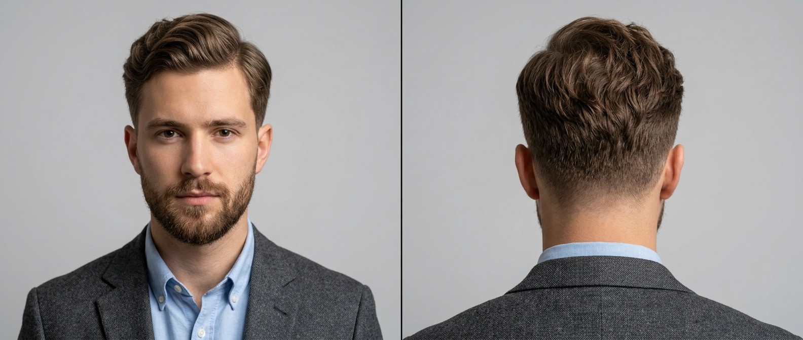 Widok z przodu i z tyłu na mężczyznę z fryzurą Ivy League, miękkim cieniowaniem, falą z przodu i zadbanym zarostem.