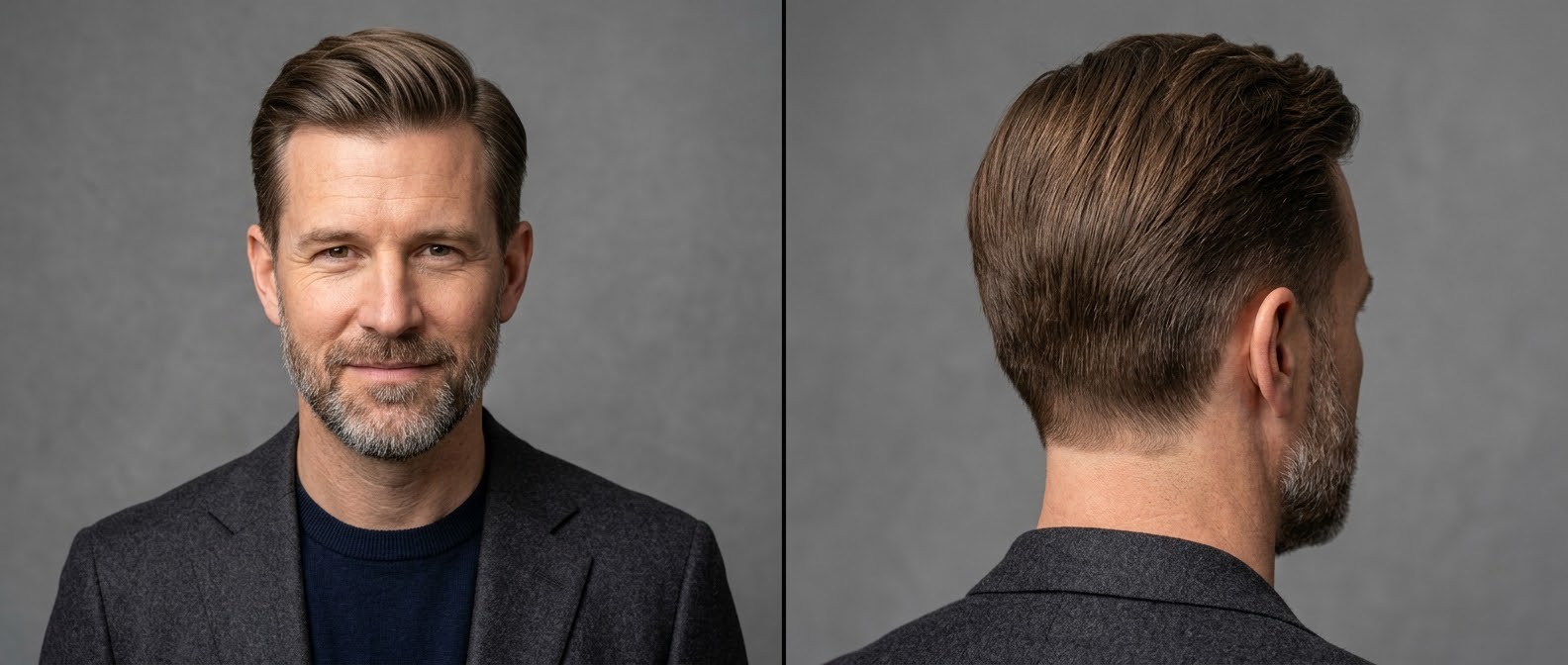 Homme mature avec barbe courte portant une coupe Ivy League élégante coiffée en arrière pour cheveux lisses, vue de face et de dos.