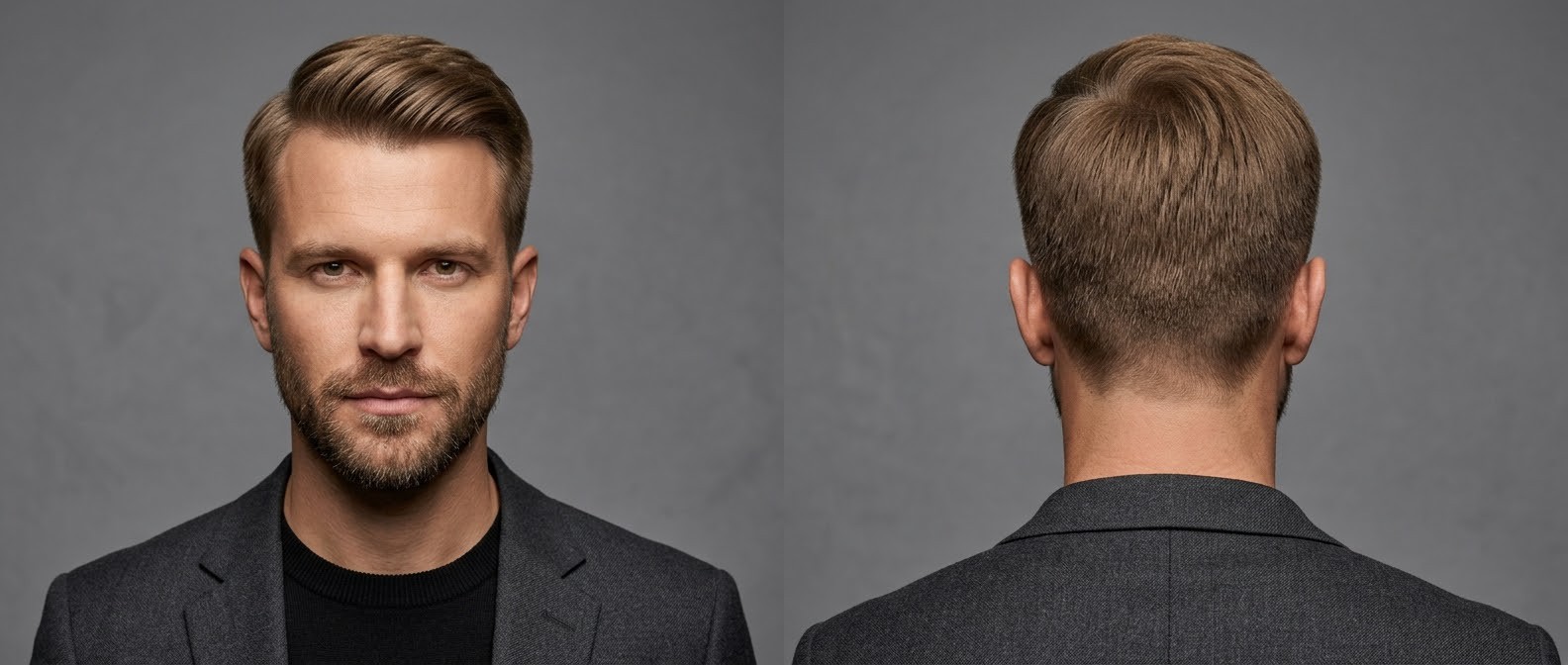 Vistas frontal e traseira de homem com corte Ivy League clássico, laterais em taper, franja lateral e barba curta bem cuidada.