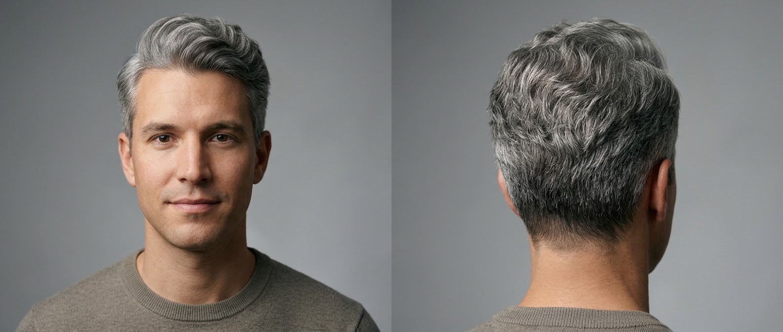 Vorder- und Rückansicht eines Mannes mit silbergrauem Haar und welligem Ivy League Haarschnitt, Swept-Back-Volumen und klassischen Seiten.