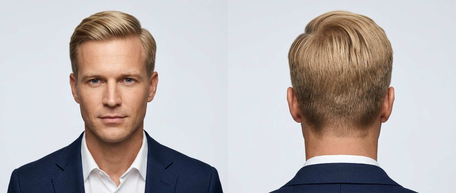 Gładko ogolony blondyn w eleganckim niebieskim garniturze prezentujący klasyczną fryzurę Ivy League z zaczesem.