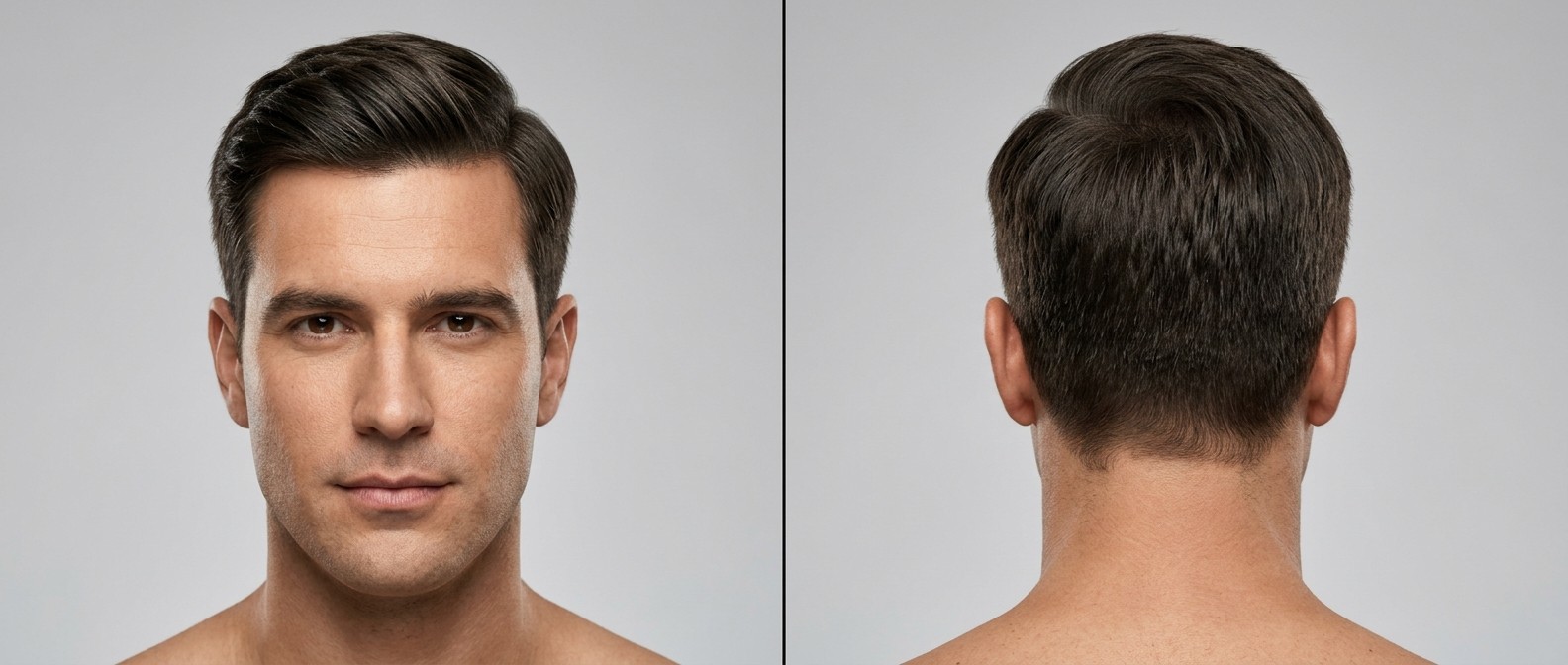 Widok z przodu i z tyłu 40-letniego mężczyzny z ciemnobrązowymi, grubymi, prostymi włosami w klasycznej fryzurze Ivy League z przedziałkiem.