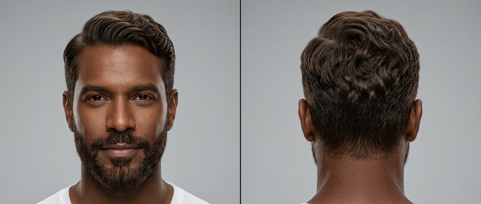 Dojrzały mężczyzna z brodą w fryzurze Wavy Ivy League z wycieniowanymi bokami i falowaną górą.