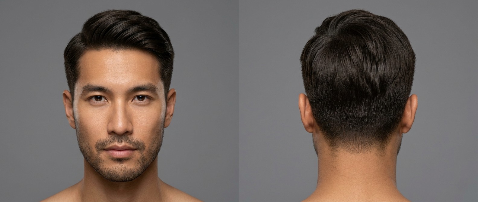 Widok z przodu i z boku przystojnego Azjaty z gęstymi, prostymi włosami w klasycznej fryzurze Ivy League z cieniowanymi bokami.