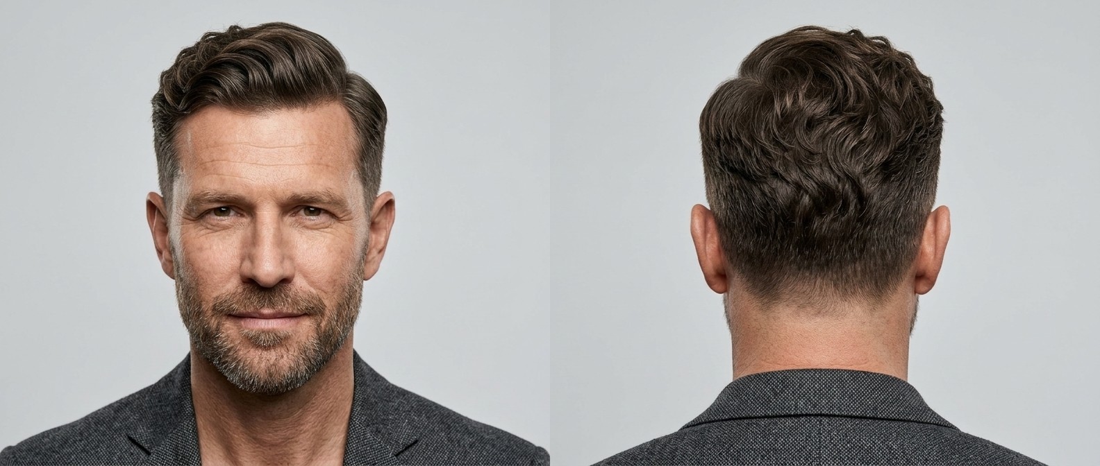 Vue de face et de dos d'un homme mature avec une coupe Ivy League ondulée, côtés dégradés, dessus texturé et barbe courte soignée.