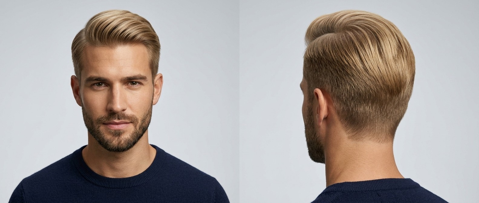 Homme blond avec barbe portant une coupe Ivy League classique avec volume balayé vers l'arrière.