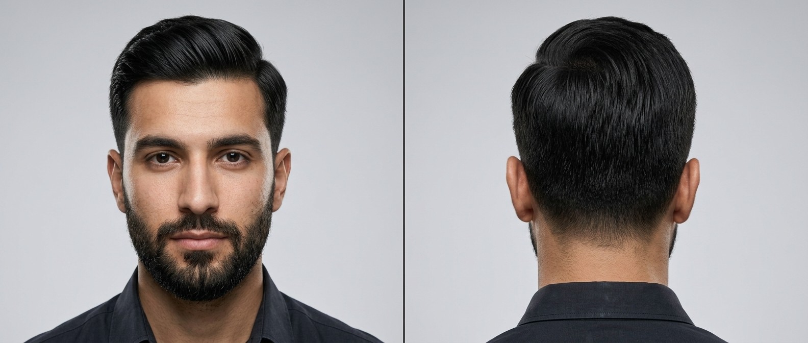 Ansicht von vorne und hinten eines Mannes mit klassischem Ivy League Haarschnitt, Seitenscheitel, Taper-Seiten und Vollbart bei dichtem schwarzem Haar.