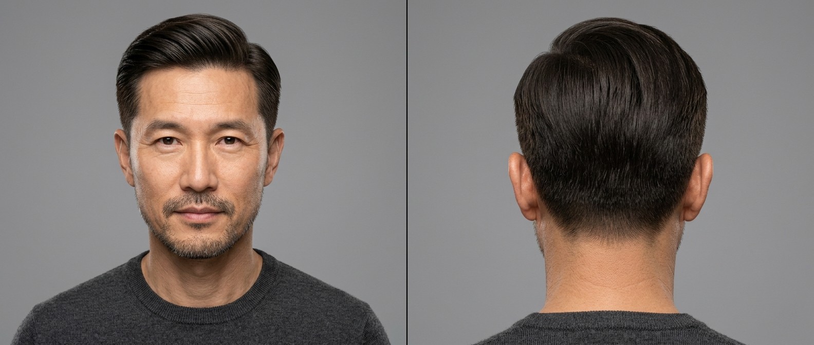 Middle-aged Asian man modeling a classic Ivy League haircut with tapered sides, side-swept top volume, and stubble beard against a gray backdrop.