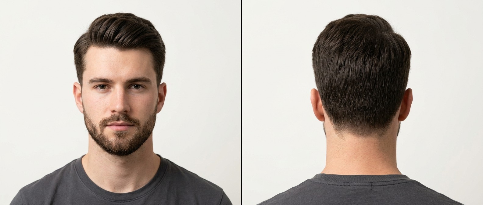 Front and back view of a man with dark brown hair wearing a classic Ivy League haircut, featuring tapered sides and a swept voluminous top.