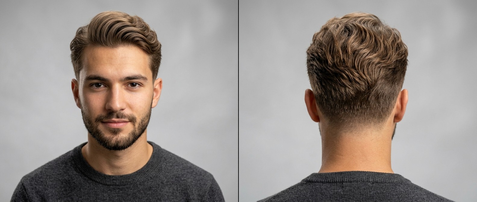 Front- und Seitenansicht eines jungen Mannes mit welligem Ivy League Haarschnitt, getaperten Seiten und kurzem Bart.
