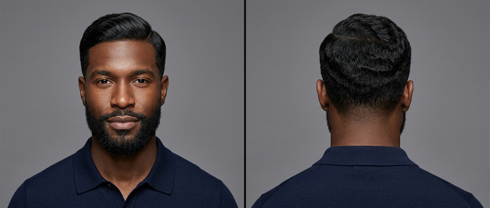 Widok z przodu i z boku na czarnoskórego mężczyznę z klasyczną fryzurą Ivy League, precyzyjnym edge-upem, przedziałkiem i zadbaną brodą.