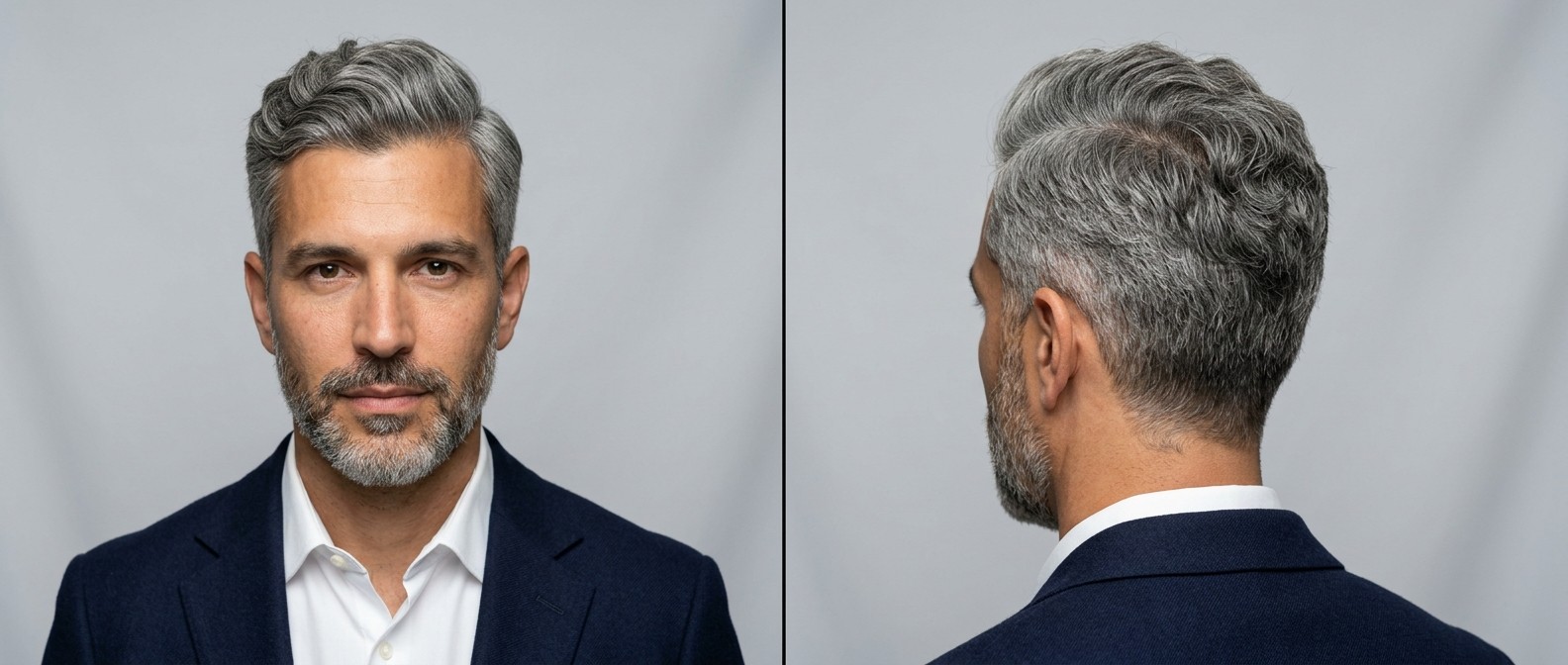 A handsome man with a short beard models a wavy silver Ivy League haircut, featuring tapered sides and a textured, swept-back top.