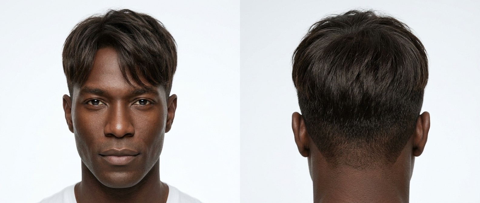 Widok z przodu i z tyłu na fryzurę Korean Two-Block z prostymi włosami, grzywką curtain fringe i wygolonym karkiem.