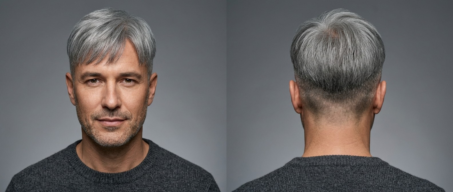 Homme mature aux cheveux gris argentés portant une coupe Two-Block coréenne avec frange texturée et côtés rasés.