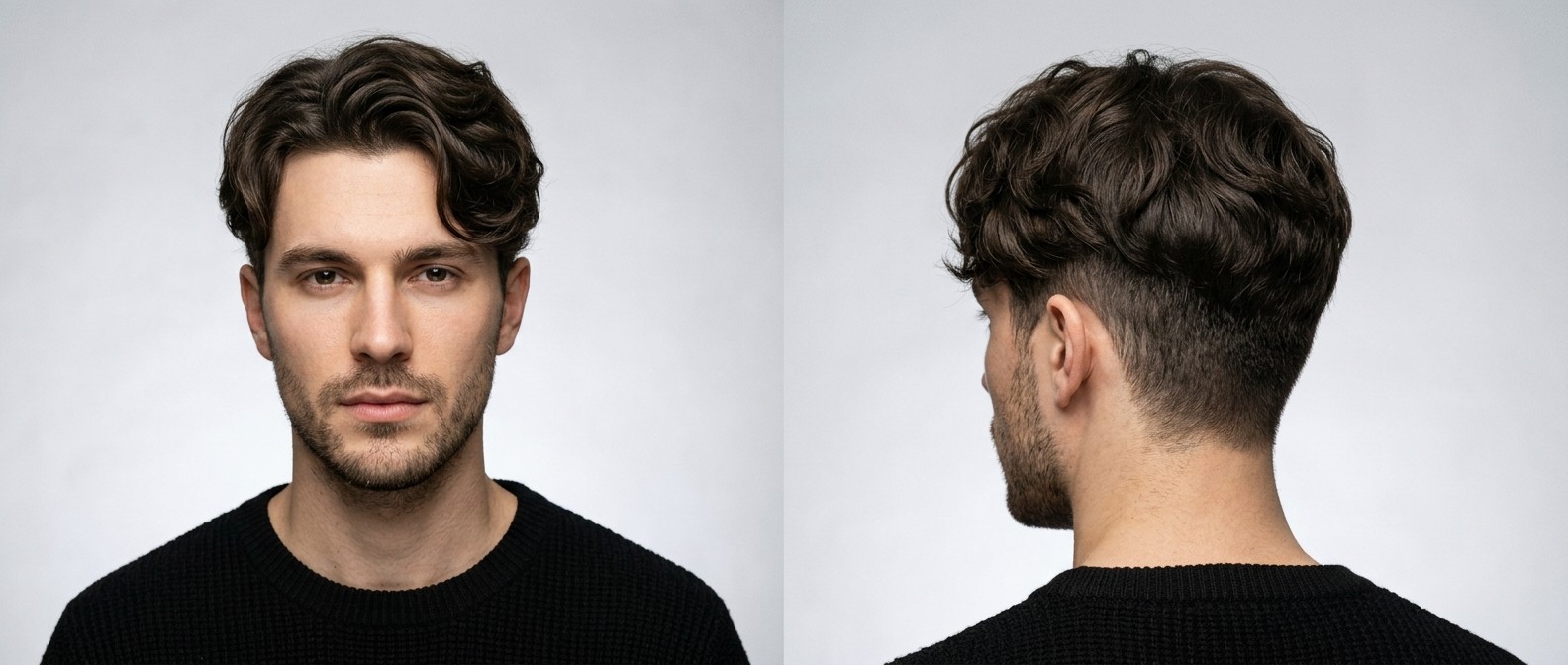 Profil d'un jeune homme aux cheveux bruns ondulés portant une coupe Two-Block coréenne moderne avec frange rideau texturée.