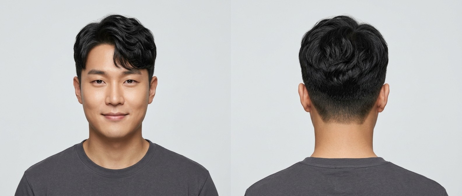 Azjatycki mężczyzna z falowaną fryzurą Korean Two-Block z przedziałkiem 60/40, krótkimi bokami i cieniowanym karkiem.