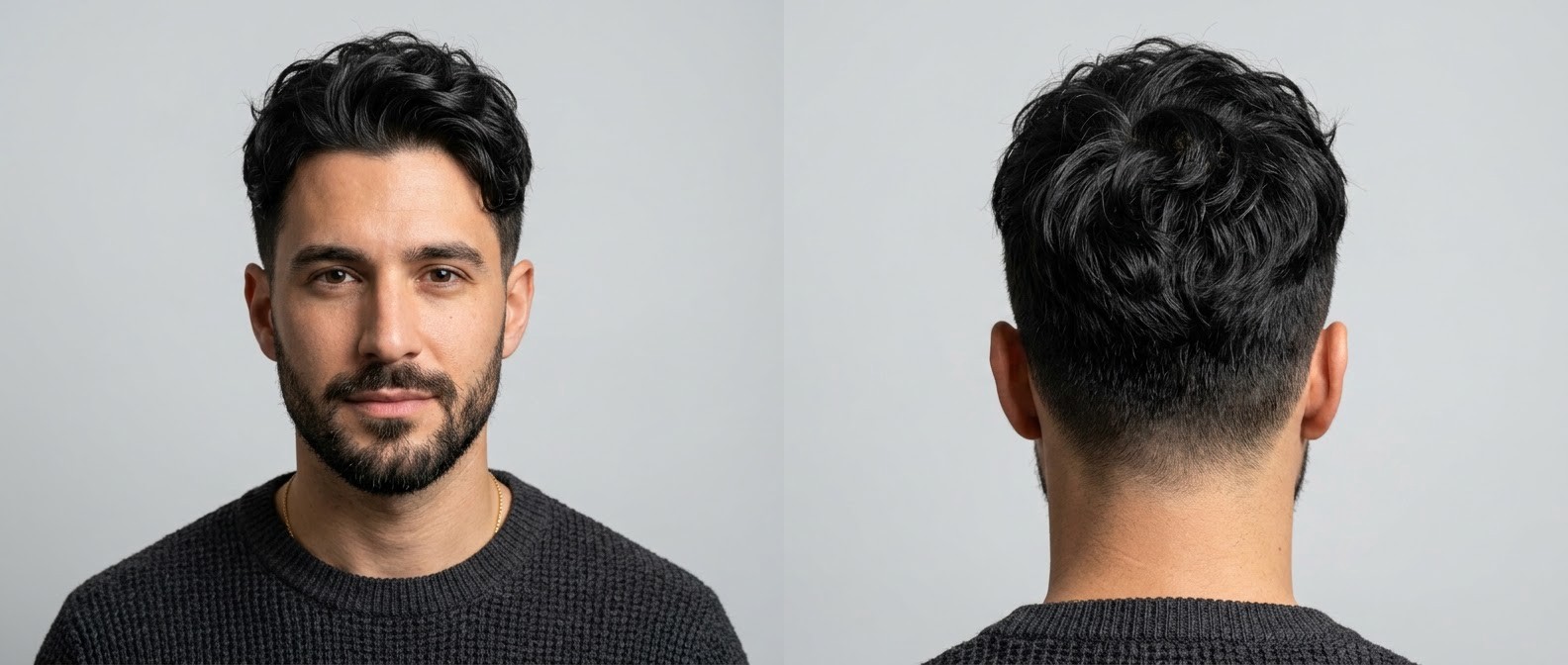 Vista frontal e lateral de um homem com corte Korean Two-Block ondulado, franja curtain fringe, undercut desconectado e barba curta.