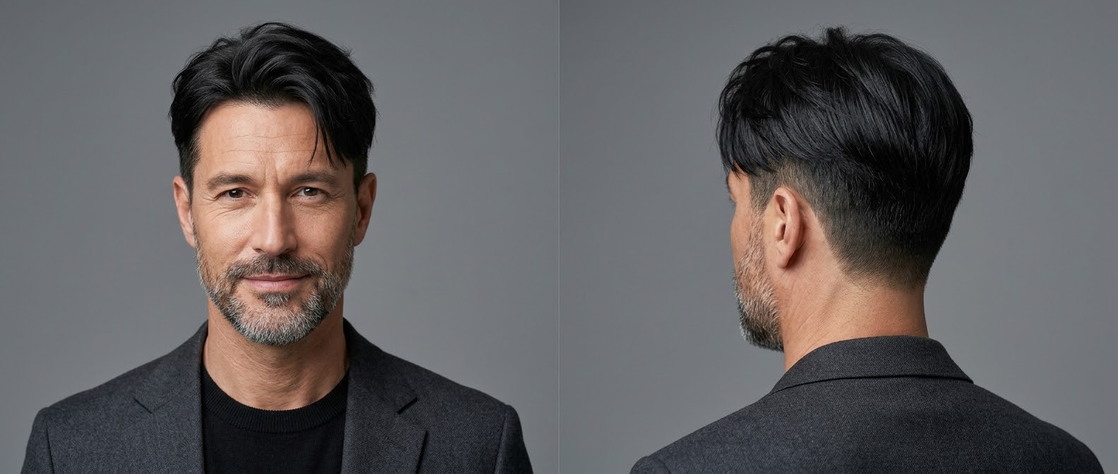 Homme mûr avec une coupe Two-Block coréenne sur cheveux noirs, côtés courts déconnectés, frange balayée et barbe courte.