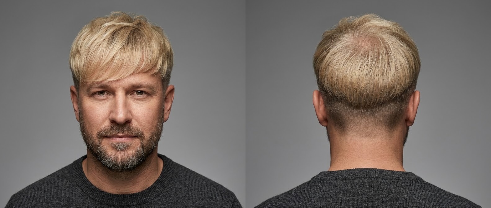 Older man with medium skin and a beard wearing a blonde Korean Two-Block haircut with a textured, forward-swept fringe and short disconnected sides.