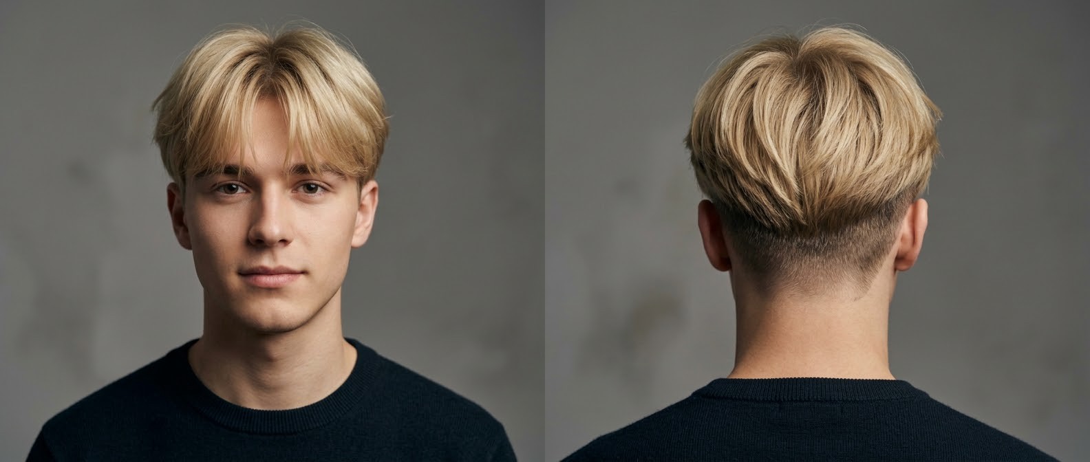 Młody blondyn z męską fryzurą Korean two-block, przedziałkiem na środku typu curtain bangs i krótkim undercutem.