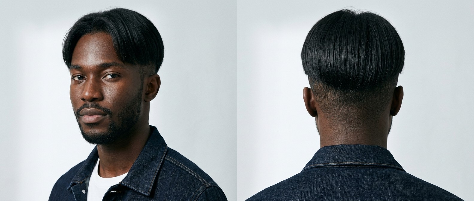 Mężczyzna z koreańską fryzurą two-block, prostym przedziałkiem i wygolonymi bokami.