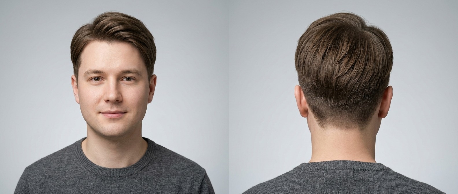 Widok z przodu i z tyłu na mężczyznę z brązowymi włosami w klasycznej koreańskiej fryzurze Two-Block z asymetrycznym przedziałkiem.