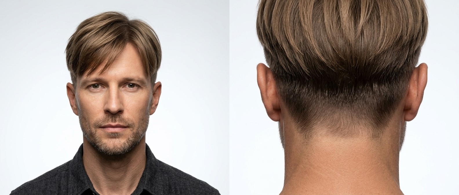 Homme caucasien mature avec une coupe Two-Block coréenne, côtés tondus très courts et dessus mi-long lisse avec frange balayée.