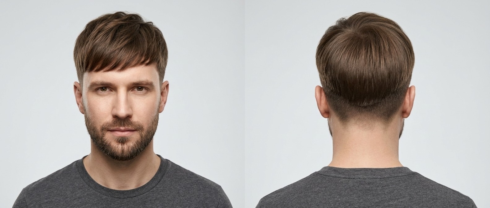 Vue de face et de dos d'un homme aux cheveux bruns avec une coupe Korean Two-Block texturée, frange vers l'avant et côtés rasés.