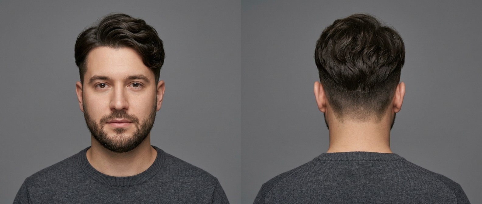 Vue de face et de profil d'un homme caucasien avec une coupe Korean Two-Block ondulée, raie latérale, dessus mi-long et barbe courte.
