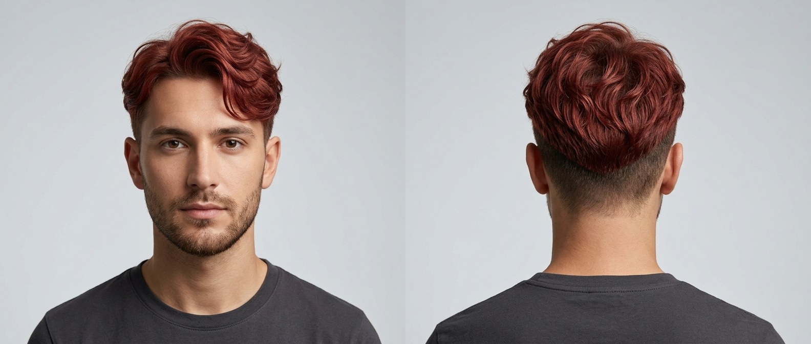 Vue de face et de profil d'un jeune homme avec une coupe Korean Two-Block ondulée rouge et un undercut déconnecté.