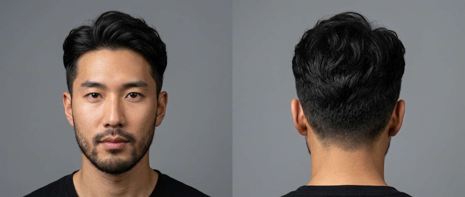 Mężczyzna z fryzurą Korean Two-Block, krótkimi bokami i zaczesaną do tyłu falowaną górą oraz zadbanym zarostem.