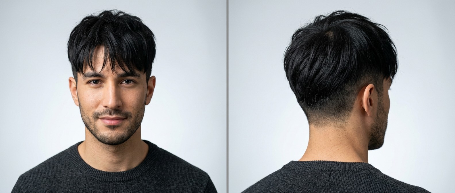 Young man with olive skin and dark hair modeling a modern Korean Two-Block haircut with a textured forward fringe and cleanly tapered back.
