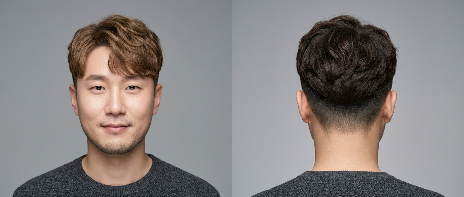 Azjatycki mężczyzna z lekkim zarostem w fryzurze Korean Two-Block z teksturowaną grzywką.