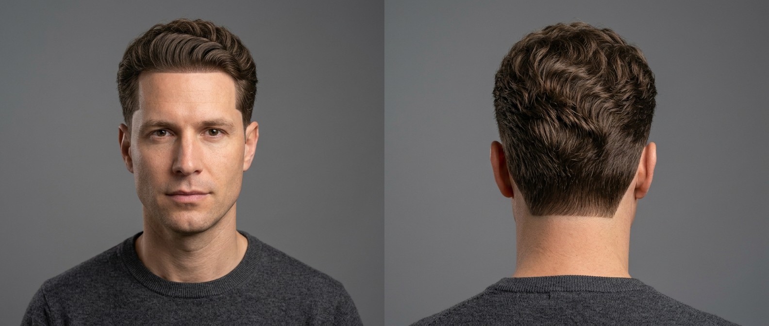 Vue de face et de dos d'un homme aux cheveux châtains ondulés, avec une ligne frontale géométrique nette et une nuque carrée.