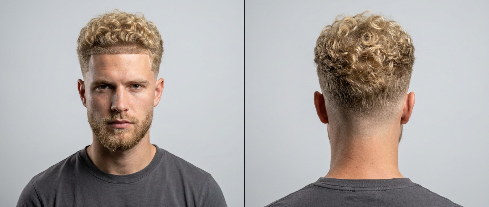 Young blonde man with a sharp front line-up, natural Type 3 curly top, mid drop fade, and a neatly groomed short beard against a grey background.
