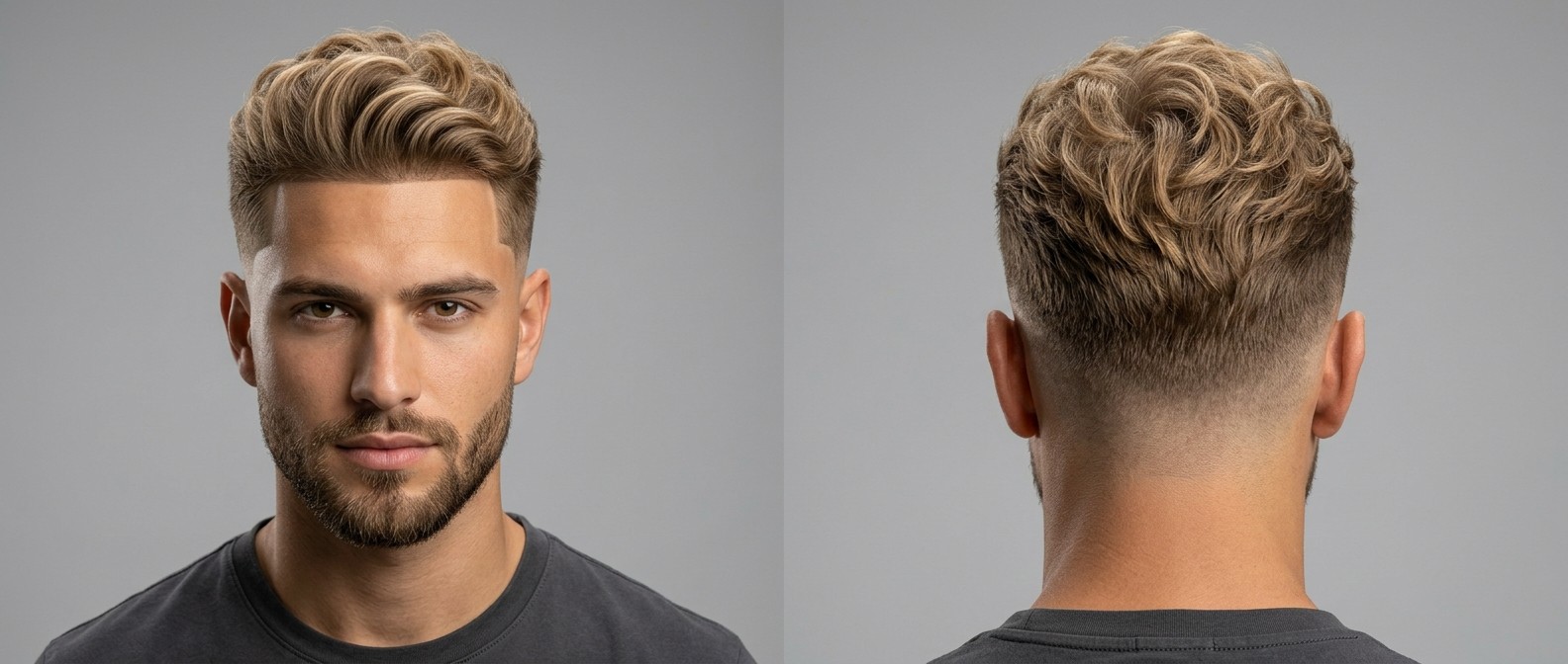 Jeune homme aux cheveux blonds ondulés avec un line-up précis, un dégradé à blanc mi-haut et une barbe courte bien taillée.