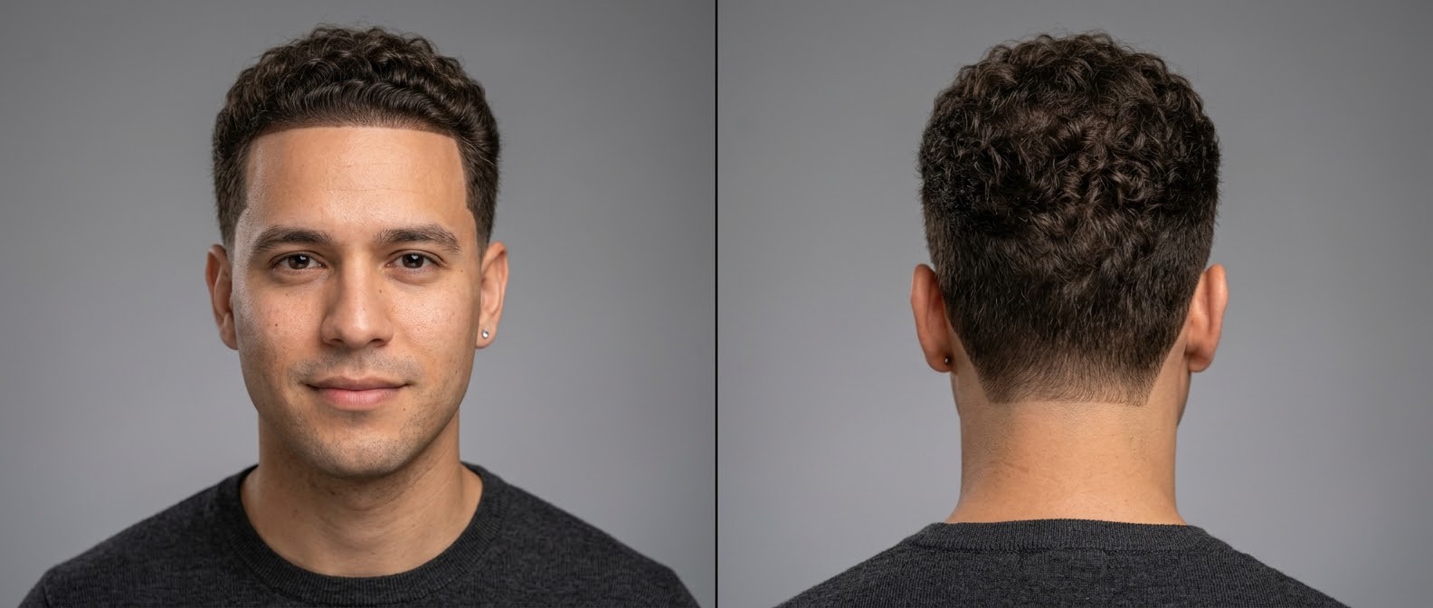 Latino man with an oval face showcasing a precision line-up haircut with very short, natural Type 3 brown curls, tapered sides, and a clean-shaven face.