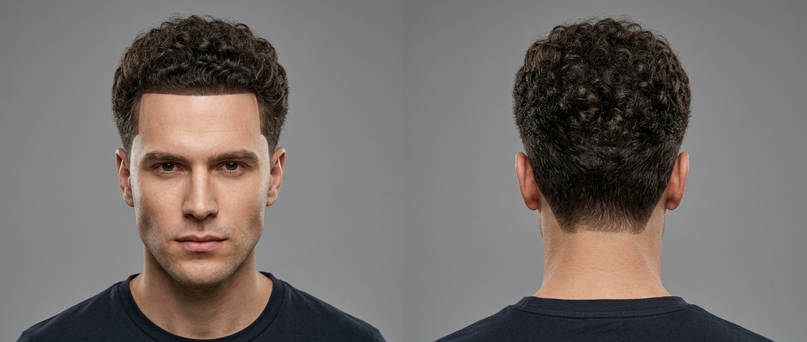 Widok z przodu i z tyłu na mężczyznę z gęstymi, kręconymi ciemnymi włosami z precyzyjnym line-upem i krótkimi cieniowanymi bokami.