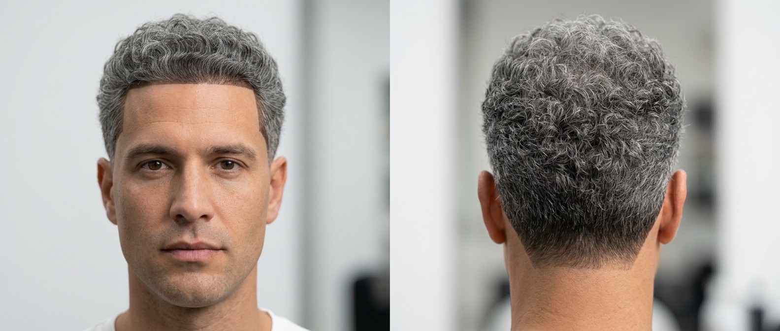 Mężczyzna z precyzyjnym strzyżeniem typu line-up, krótkimi siwymi lokami i cieniowanymi bokami.