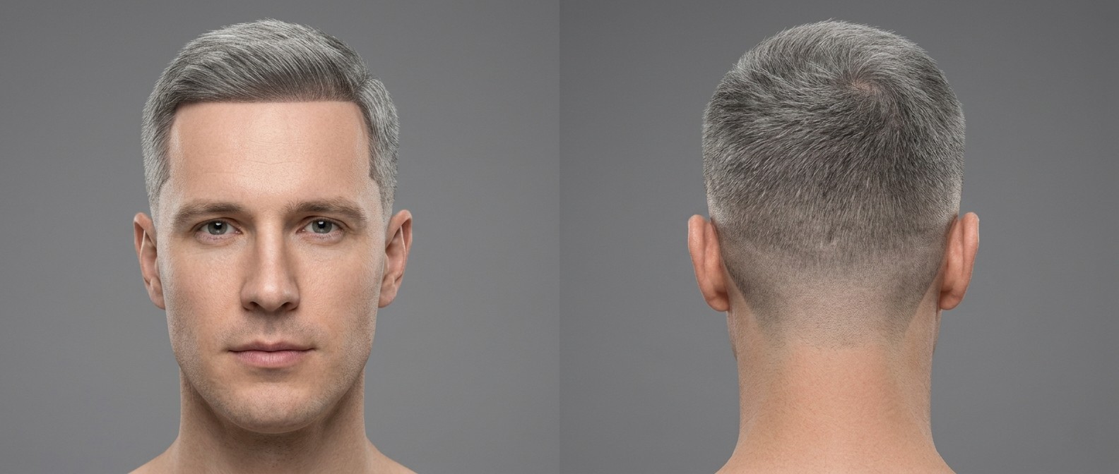Widok z przodu i z tyłu na mężczyznę ze srebrnymi włosami, precyzyjnym line-upem, zaczesaną górą i cieniowanymi bokami na szarym tle.