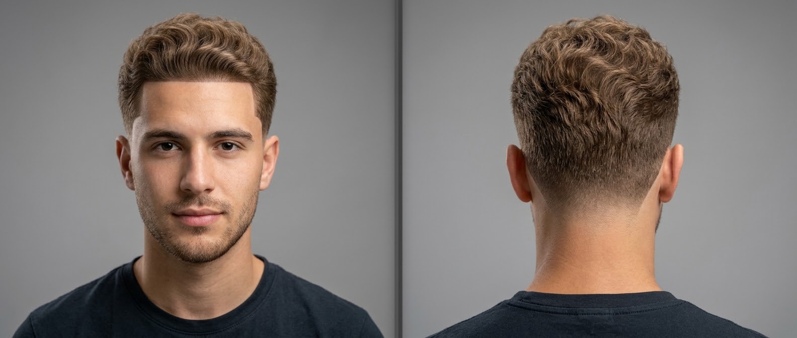 Homem jovem com corte taper fade ondulado, pezinho frontal alinhado na navalha, textura castanha natural e barba por fazer.