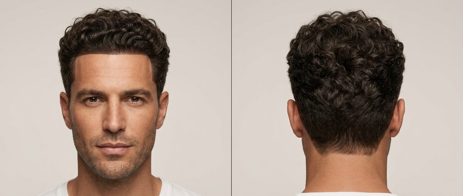 Widok z przodu i z tyłu na mężczyznę z ciemnobrązowymi, kręconymi włosami typu 3, z precyzyjnym konturem i krótko przystrzyżonymi bokami.